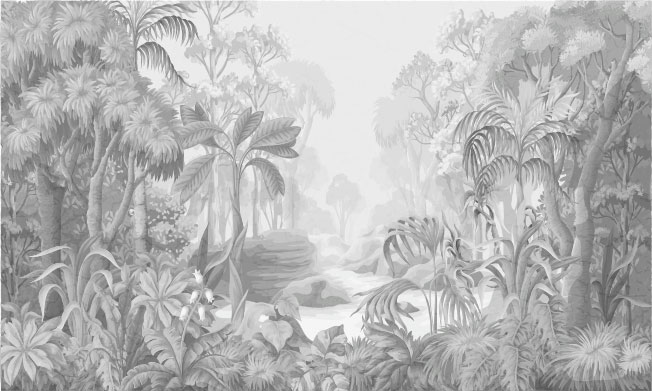 Papel pintado dibujo selva tropical blanco y negro